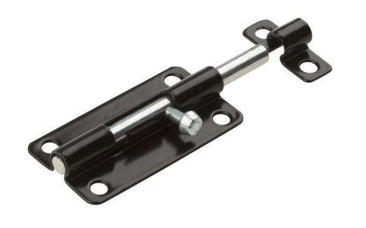 This 4" Black Finish Barrel Bolt is designed for security applications on lightweight doors, chests, & cabinets. Use on vertical, horizontal, left or right hand applications. Includes six black phillips screws. 4" width x 1-1/2" height. National Hardware Model No. N151-621. 038613151628