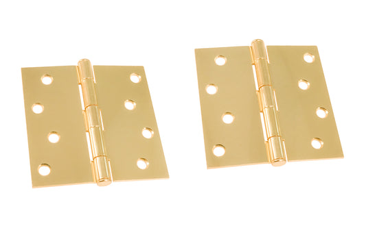 Pair of 4" Bright Brass Door Hinges with square corners & a removable pin. Bright Brass finish on steel material. Countersunk holes. Includes flat head screws. 4" x 4" door hinge size. Five knuckle, full mortise design. Ultra Hardware No. 60804.