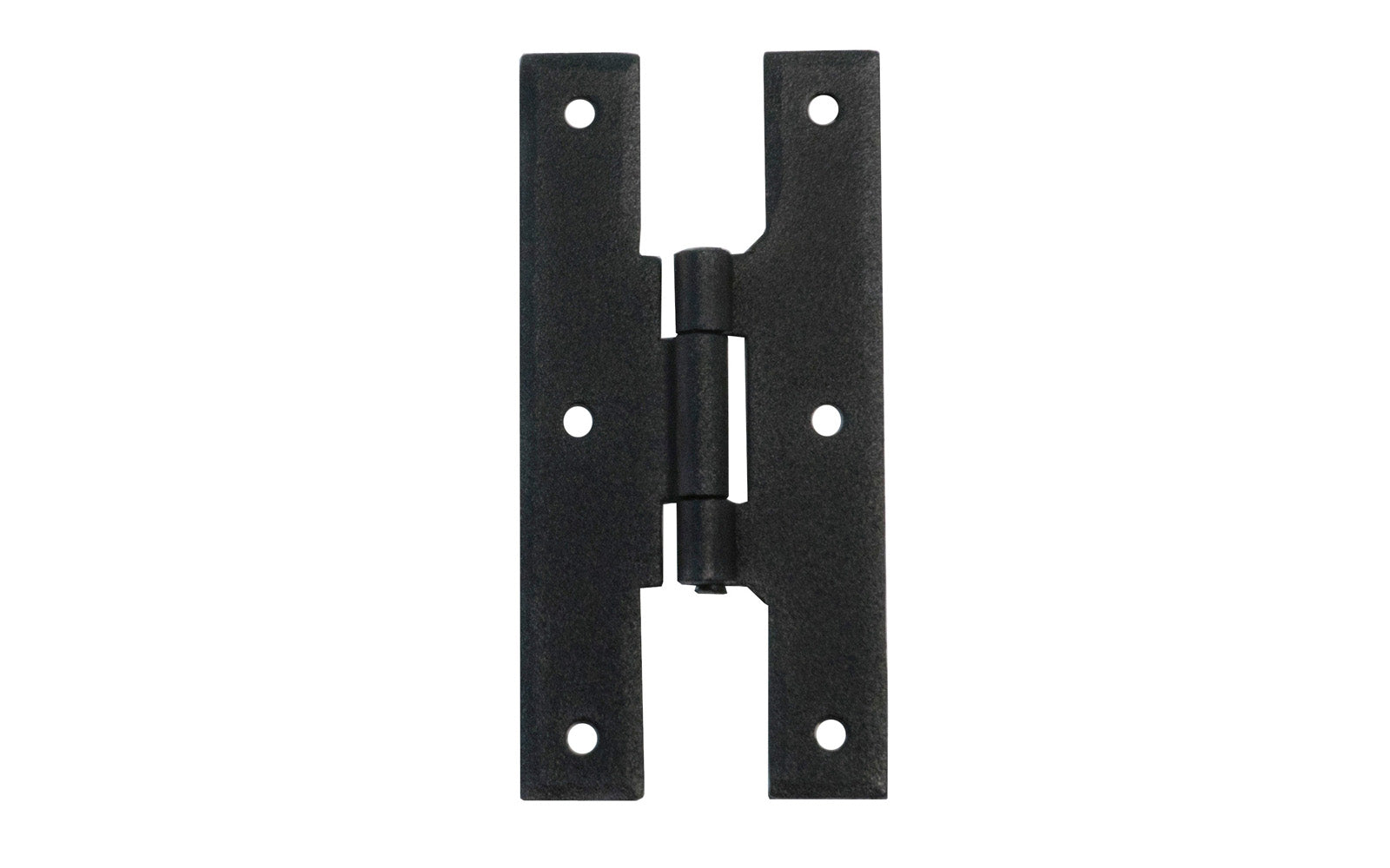 4" Forged Steel H Hinges with a vintage-style looking black powder coated finish. Made of sturdy forged steel material. The H hinge can be used on cabinets & doors, etc. Sold in as a pair - Two total hinges. Includes twelve Phillips flat head screws. Model 88586.