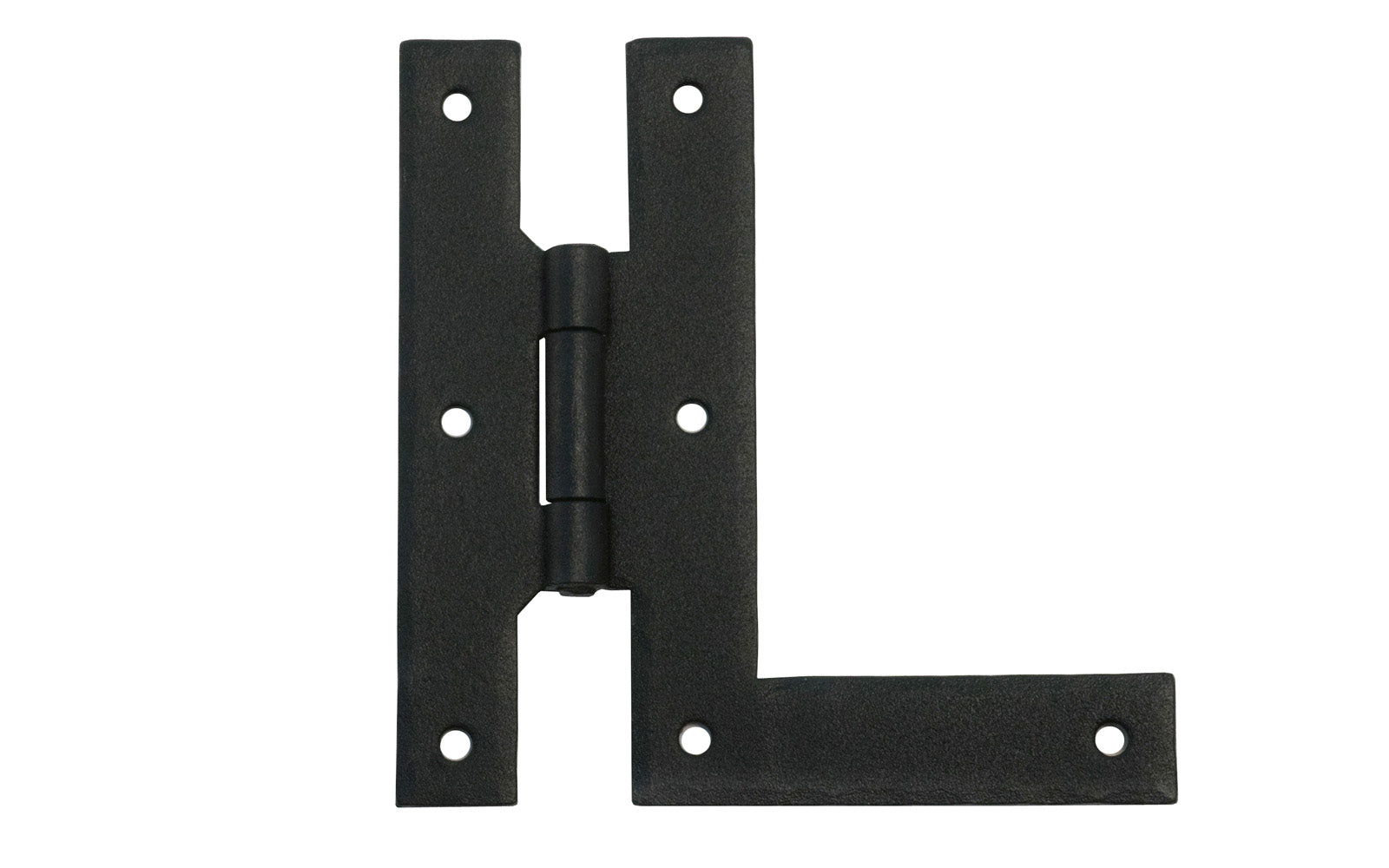 4" Forged Steel HL Hinges with a vintage-style looking black powder coated finish. Made of sturdy forged steel material. The HL hinge can be used on cabinets & doors, etc. Sold in sets (4 total hinges - 2 lefts & 2 rights). Includes twenty Phillips flat head screws. Model 88582.
