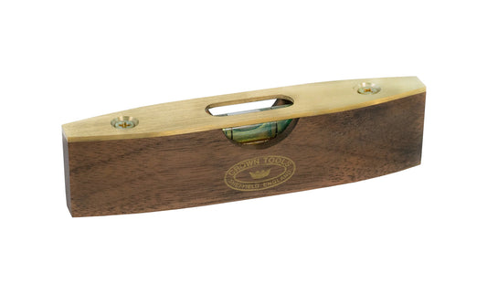 Crown Tools Mini Spirit Level. Also referred to as a "boat" level. Made of Walnut wood fitted with brass. Made in Sheffield, England. Crown Tools 4-3/8" Walnut & Brass Spirit Level Model SLMW.