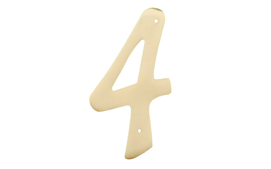 Number Four Solid Brass House Number in a 4" size. Made of solid brass material - 1/16" thickness. Lacquered brass finish. Mounting nails included. #4 House Number. Hy-Ko Model No. BR-40/4. 029069200947