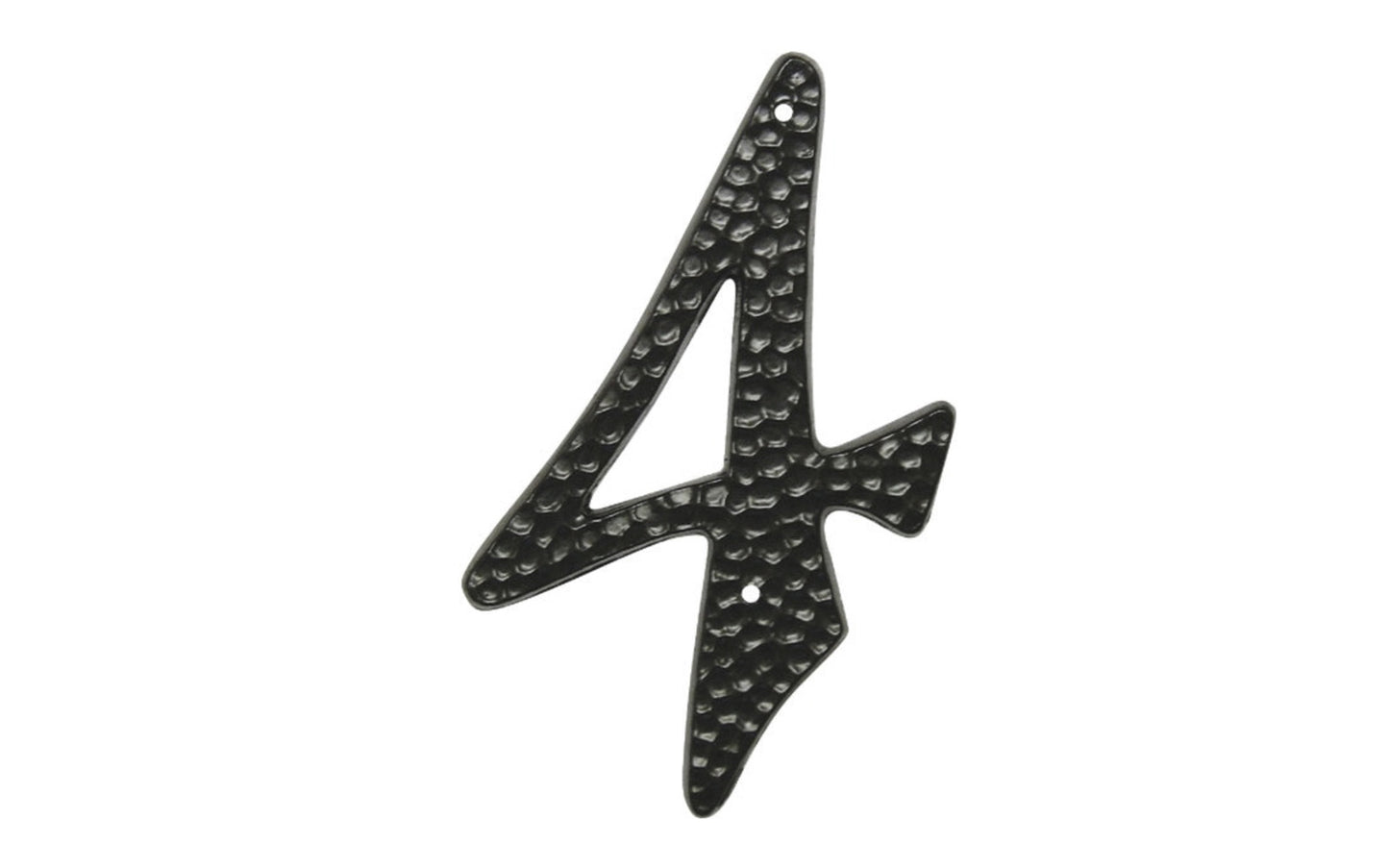 Number Four Black Hammered House Number in a 3-1/2" Size. Made of die-cast aluminum material with a black hammered style. Mounting nails included. #4 House Number. Hy-Ko Model No. DC-3/4. 029069201043