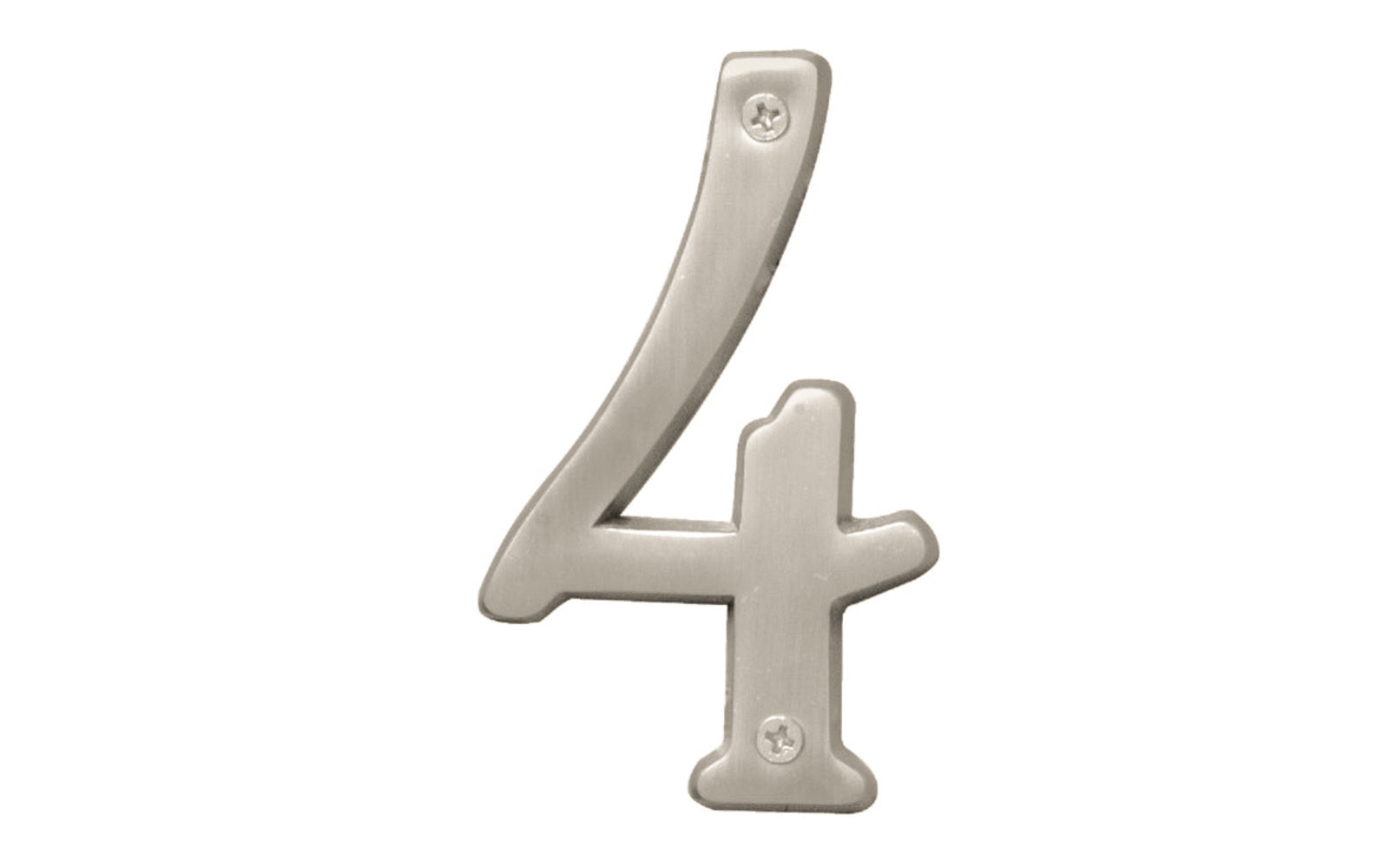 Number Four House Number in a 4" size. Satin nickel finish. Includes two phillips flat head screws. #4 house number. Hy-Ko Model BR-43SN/4.  Hardware house numbers for outdoors. Includes screws. 029069309343. #4 Satin Nickel House Number - 4" Size