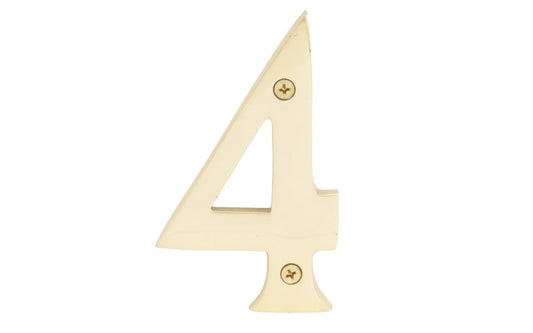 Number Four Solid Brass House Number in a 4" Size. Made of solid brass material - 1/4" thickness. Lacquered brass finish. Includes two flat head phillips screws. #4 House Number. Hy-Ko Model No. BR-90/4. 029069104948