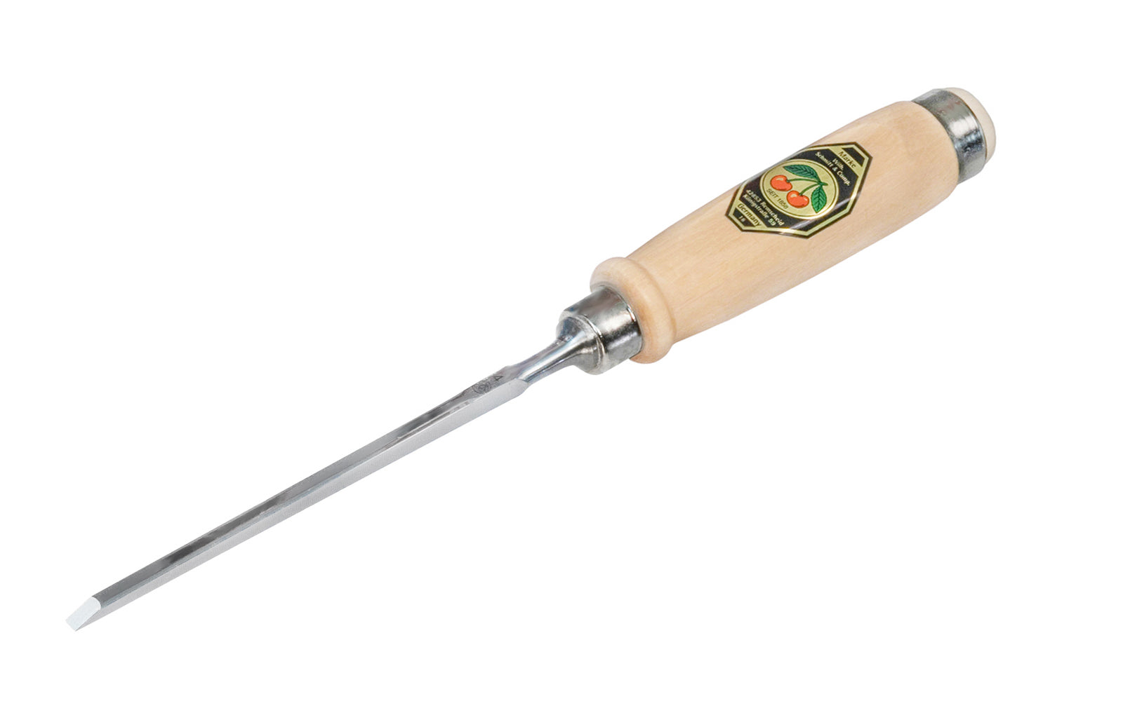 Made in Germany ~ Two Cherries · 1001 series ~ high carbon steel ~ Tempered to Rc61 Rockwell ~ Varnished flat Hornbeam handle - Stechbeitel - Firmer Chisel - short length, light pattern, bevelled edges, Flat hornbeam handle - bevel edge - steel ferrule ~ for use with mallets - 4 mm - 4MM Wide - 4016649101059 - 1001/004