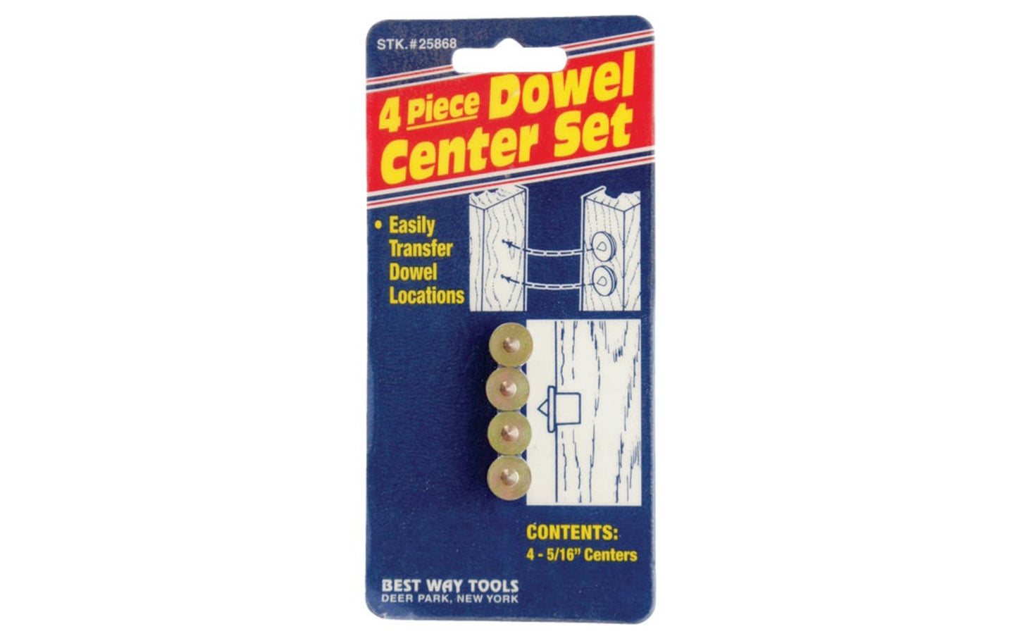 Best Way Tools 5/16" Dowel Centers - 4 PC Set. Makes dowel positioning quick & easy. Accurately marks holes for drilling. Includes 4 centers. Four piece set. Model 25868. 080497258689