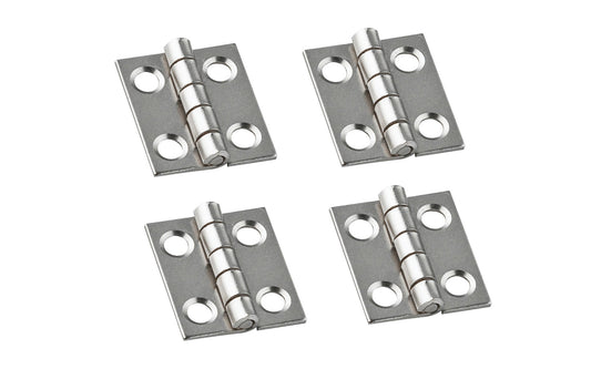 These miniature hinges are designed to add a decorative appearance to small chests, jewelry boxes, craft projects, etc. Made of steel material with a satin nickel finish. 3/4" high x 5/8" wide. Surface mount. Non-removable pin. Sold as 4 hinges in pack. National Hardware Model No. N211-012. 886780014204. 4 Pack
