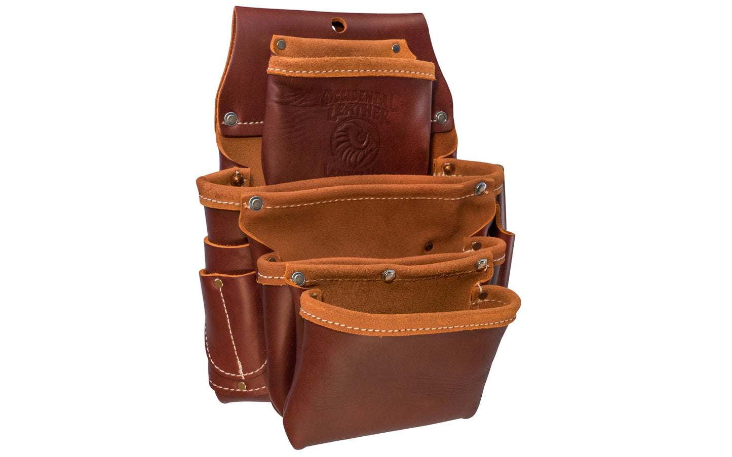 Occidental Leather 4-Pouch "Pro Fastener" Bag with Tape Pocket ~ 5062 - Fits 3" work belt - 9 total pockets & tool holders - Genuine leather - Made in USA - 759244009309 - Highly recommended for framing & general carpentry applications. Holders for 1” blade square, angle square, cat’s paw, driver bits - Four Pouch Bag