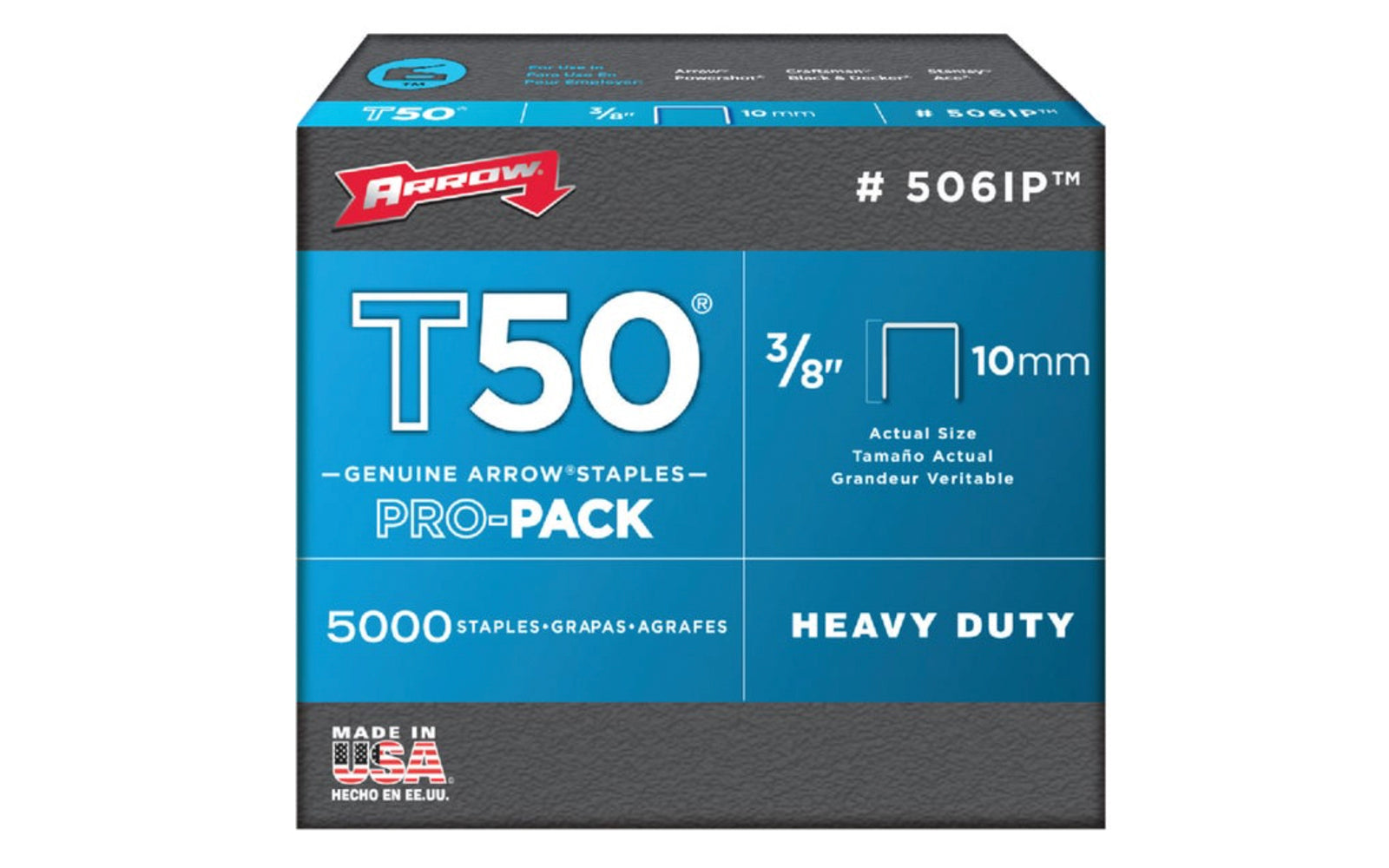 Arrow T50 Heavy Duty 3/8" Staples - 5000 PK. Model 506IP. Arrow Fastener T50 staples are the world’s best-selling heavy duty staple platform & have exceptional holding power. Used for all heavy duty stapling applications. Ideal for indoor applications. 3/8" (10 mm). Item No. 506IP. 5000 staples in pack. 079055510383