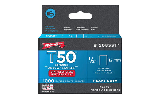 Arrow T50 Heavy Duty Stainless 1/2" Staples - 1000 PK. Model 508SS1. These T50 HD staples are made of stainless steel & are corrosion resistance, but they are not designed for marine environments. 1/2" (12 mm) size. Item No. 508SS1. 1000 PK. 079055835127