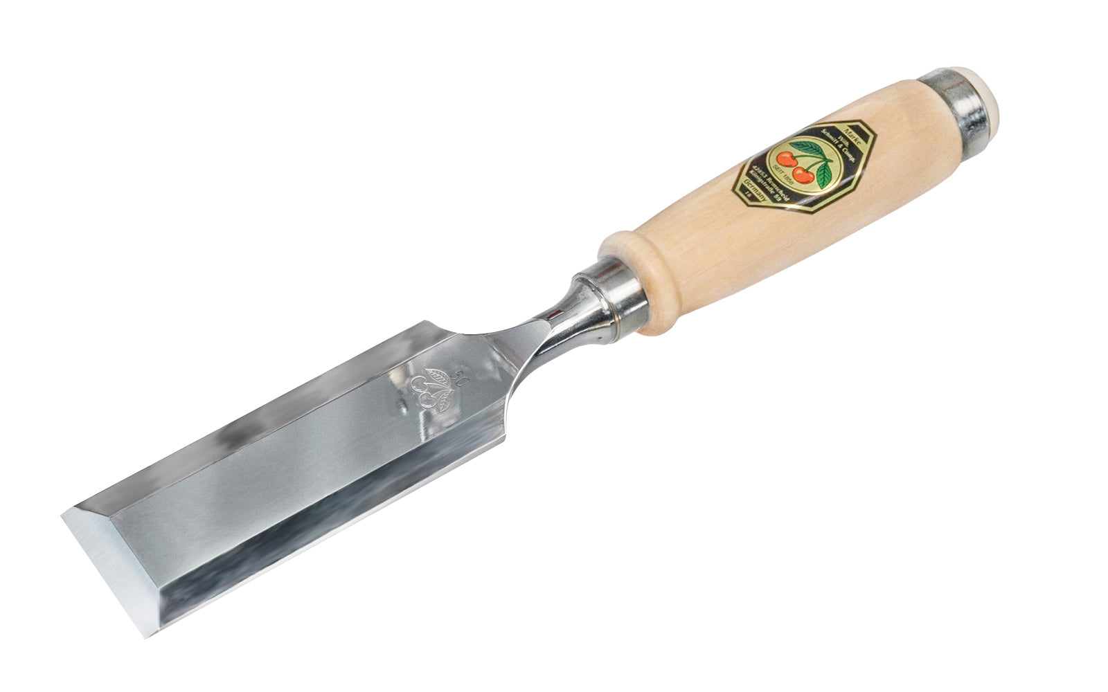Made in Germany ~ Two Cherries · 1001 series ~ high carbon steel ~ Tempered to Rc61 Rockwell ~ Varnished flat Hornbeam handle - Stechbeitel - Firmer Chisel - short length, light pattern, bevelled edges, Flat hornbeam handle - bevel edge - steel ferrule ~ Use with mallets - 50 mm - 50MM Wide - 4016649101950 - 1001/050
