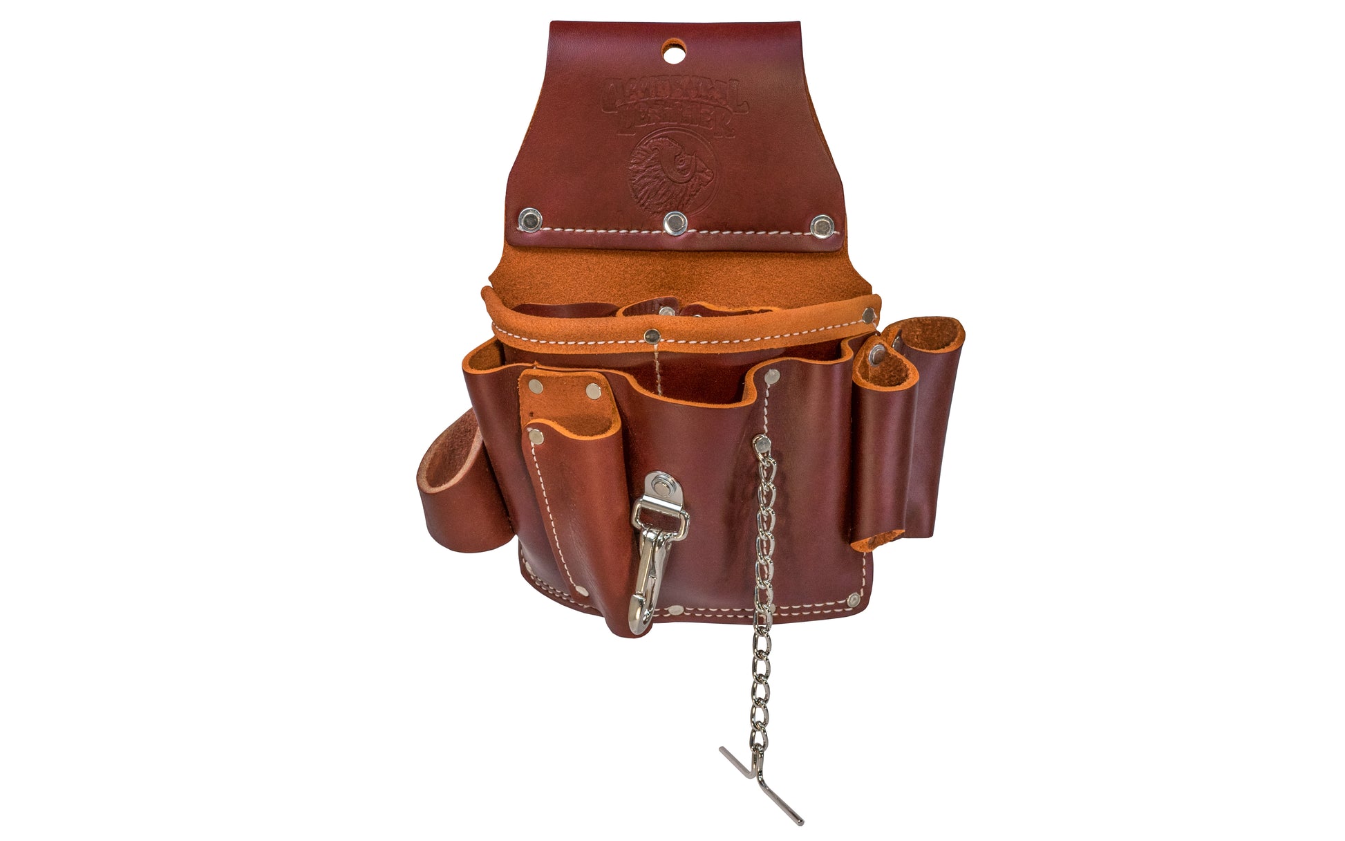 Occidental Leather Electrician's Pouch Model 5049 - 15 pockets & tool holders for most frequently used tools. Includes loop for flashlight, chain for electrical tape, quick release tool snap, heavy duty hammer holder, pockets for screw drivers & specialized tools. Tunnel loop on back accepts up to 3" work belt.