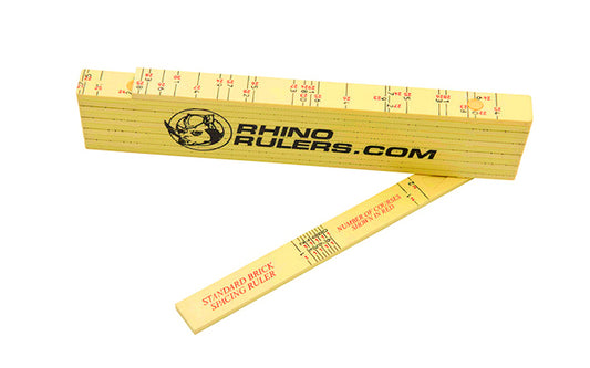 Rhino Rulers 6' Standard Brick Spacing Fiberglass Folding Ruler measures 1/2" x 6' Brick Spacing scale on one side, & Ft/In/16ths on the other. Made of tough polyamide reinforced with fiberglass for durability. Easy to read black-on-yellow markings & red 16" stud marks. Model 55110. 727659551102.  Made in Switzerland
