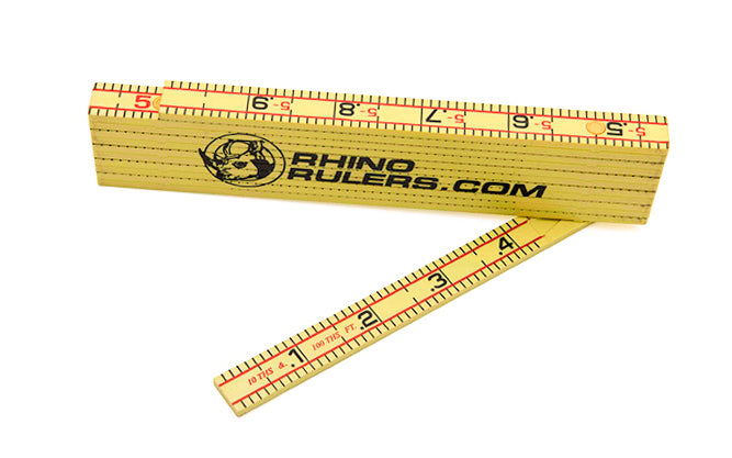 Rhino Rulers 6' Engineer's Fiberglass Folding Ruler measures 1/2" x 6' Brick Spacing scale on one side, & Ft/In/16ths on the other. Made of tough polyamide reinforced with fiberglass for durability. Easy to read black-on-yellow markings & red 16" stud marks. Model 55130. 727659551300.  Made in Switzerland
