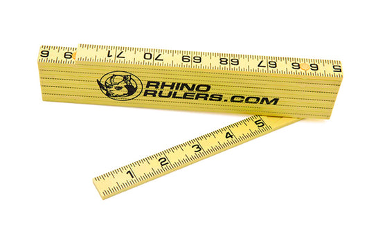 Rhino Rulers 6' Carpenter's Inside Reading Fiberglass Folding Ruler. Carpenter's Scale with (Ft/In/16ths) on both sides. Made of tough polyamide reinforced with fiberglass for durability. Easy to read black-on-yellow markings & red 16" stud marks. Model 55145. 727659551454.  Made in Switzerland