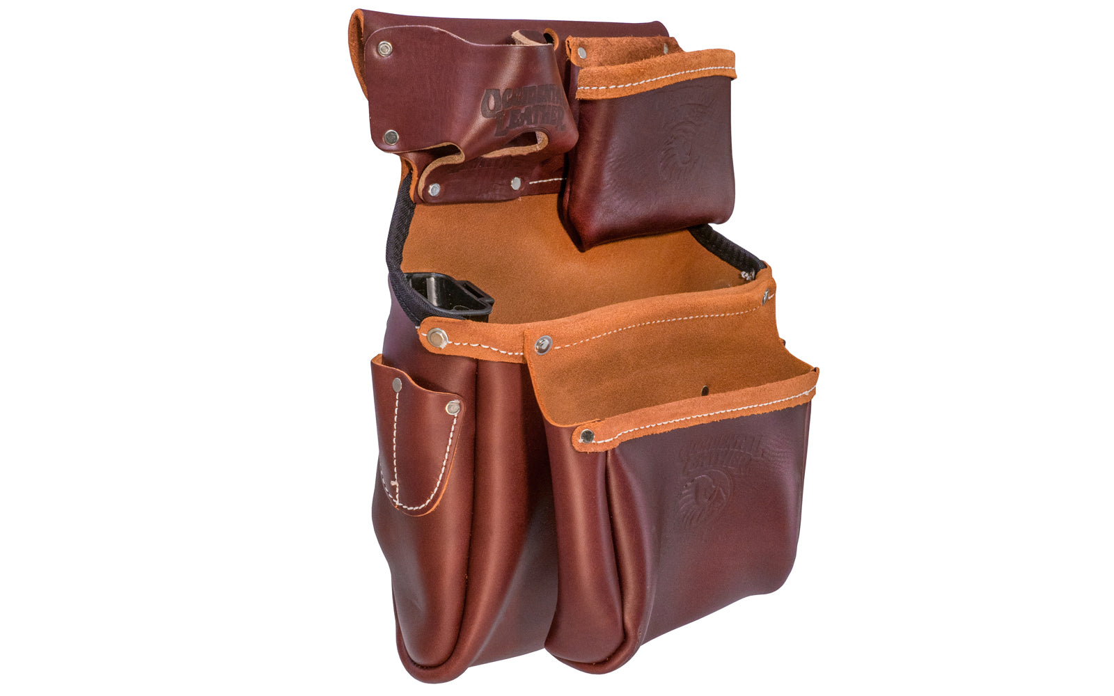 Occidental Leather "Big Oxy" Leather Fastener Bag ~ 5525 - Genuine leather - Made in USA - 759244205800 - For tri-square, cat’s paw, driver bits, angle square, tape pocket fits up to a 35’ tape - 10 holders for pencils, knife, lumber crayon, chisel, torpedo level, hammer - Three Pouch Tool Bag - Big Oxy Leather Bag