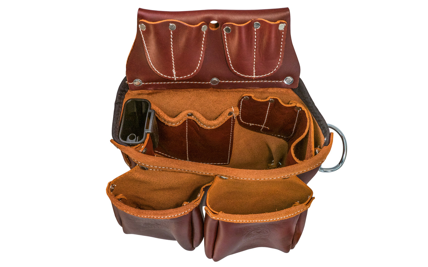 Occidental Leather "Big Oxy" Leather Fastener Bag ~ 5526 - Genuine leather - Made in USA - 759244204209 - Holders for torpedo level, pencils, utility knife, chisels, driver bits, tri-square, cat’s paw, driver bits - 16 holders for pencils, lumber crayon, torpedo level, hammer - Three Pouch Tool Bag - Big Oxy Leather Bag