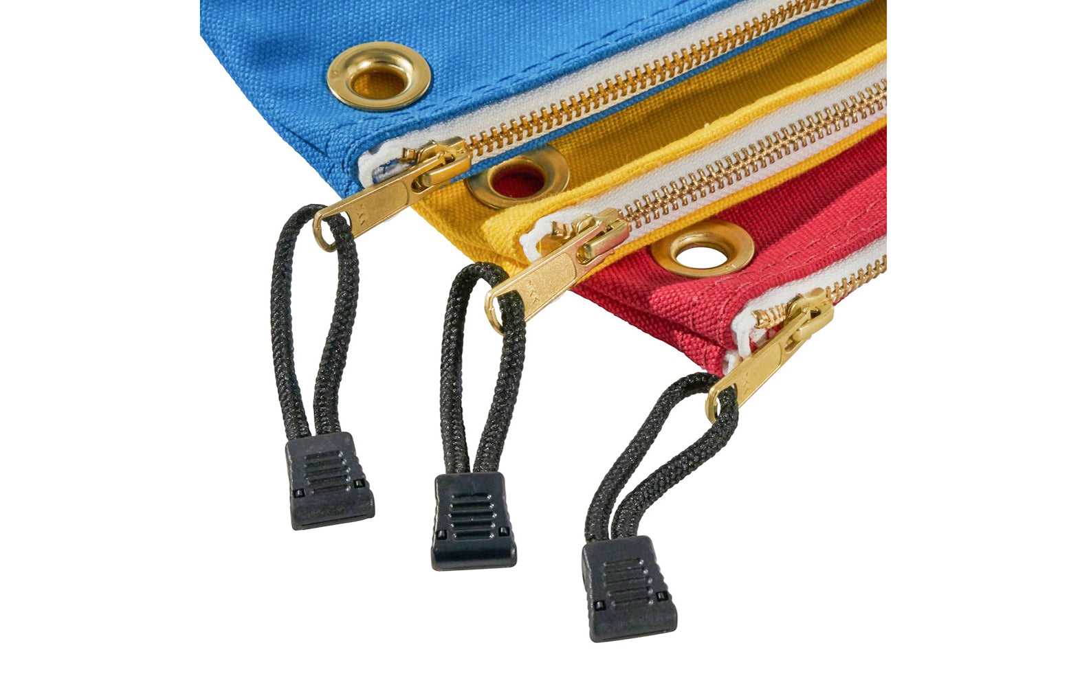 The Klein Tools 3-Pack Canvas Zipper Bags, Consumables bags are perfect for storing wire nuts, connectors, & other consumables. A brass grommet makes this bag easy to hang or attach to a belt or clip. Brightly colored for easy identification & convenience.  Made in USA. 5539CPAK