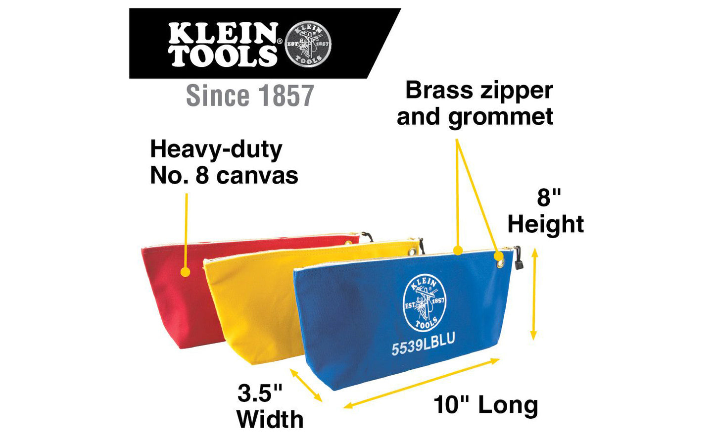 The Klein Tools 3-Pack Canvas Zipper Bags, Consumables bags are perfect for storing wire nuts, connectors, & other consumables. A brass grommet makes this bag easy to hang or attach to a belt or clip. Brightly colored for easy identification & convenience.  Made in USA. 5539CPAK