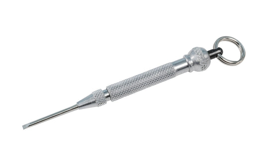 The Starrett 554 Mini Slotted Screwdriver with a 1/16" size slot blade. Overall screw driver length is 2-1/2" long. Small split ring attached.  Made in USA.