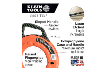 Klein Tools 50' (15.24 m) Steel Fish 1/8" Wide Tape is for short wire runs associated with light commercial, residential & voice-data-video-audio installations. Tape features laser-etched descending markings placed every foot, allowing you to accurately measure the depth of conduit runs. 50 feet fish tape. 092644560019