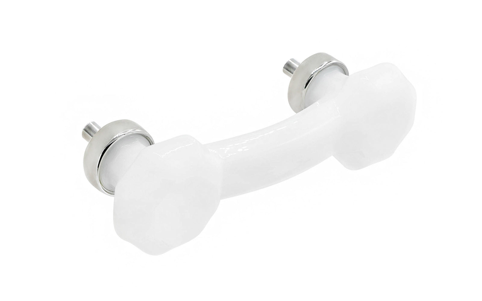 Elegant & classic octagonal cabinet glass pull with an attractive "Translucent White Opal" / "Milk White" color. The pull handle has 3" on centers. The glass is carefully set into a handsome solid brass bases with threaded shanks in the back. Octagon Glass pull. 3" center to center. Polished Nickel finish.