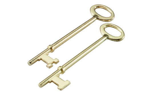 These Brass-Plated Skeleton Keys are for use on french doors & other antique door hardware. Brass plated zinc will not rust or bend under continuous use. Large head makes turning easy. Generic cuts are designed to fit most antique door locks. Overall length is 3-1/4".  Made by Lucky Line.