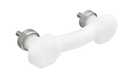 Elegant & classic octagonal cabinet glass pull with an attractive "Translucent White Opal" / "Milk White" color. The pull handle has 3" on centers. The glass is carefully set into a handsome solid brass bases with threaded shanks in the back. Octagon Glass pull. 3" center to center. Brushed Nickel finish.