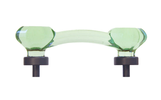 Elegant & classic octagonal cabinet glass pull with an attractive "Depression Green" color. The pull handle has 3" on centers. The glass is carefully set into a handsome solid brass bases with threaded shanks in the back. Octagon Glass pull. 3" center to center. Oil rubbed bronze finish on solid brass base.