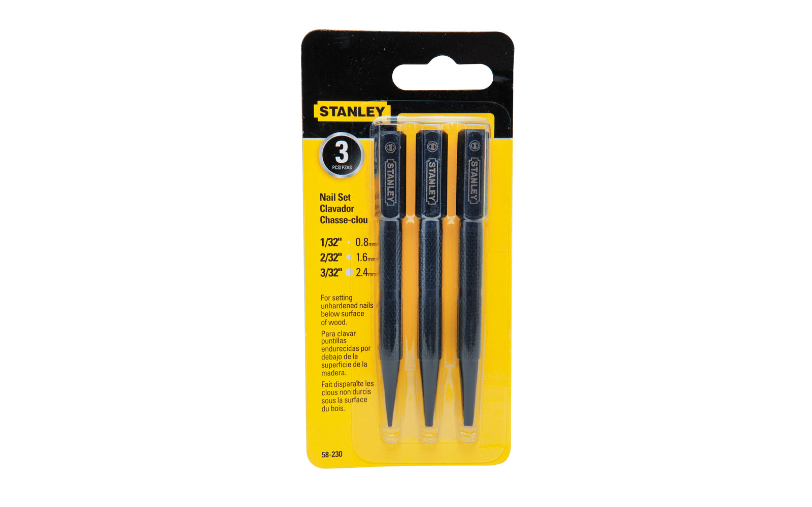 Model 58-230 ~ Three-piece nail set made by Stanley Tools, designed for setting unhardened nails below surface of wood. Sizes included are 1/32", 1/16", & 3/32". They are fully hardened & precision-milled steel for long life, & have long beveled tips for easy nail head alignment. 1/32", 2/32", 3/32" sizes. 076174582307