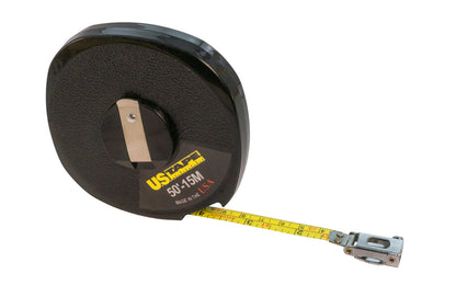 3/8" x 50'/15m U.S. Tape Contractor Series Tape Measure. US Tape Model 58649. Made in USA. 727659586494. Contractor Series Long Measuring Tapes feature a closed reel design with a hand rewind crank that folds into the hub. The case is made of tough ABS plastic.  Made in USA.