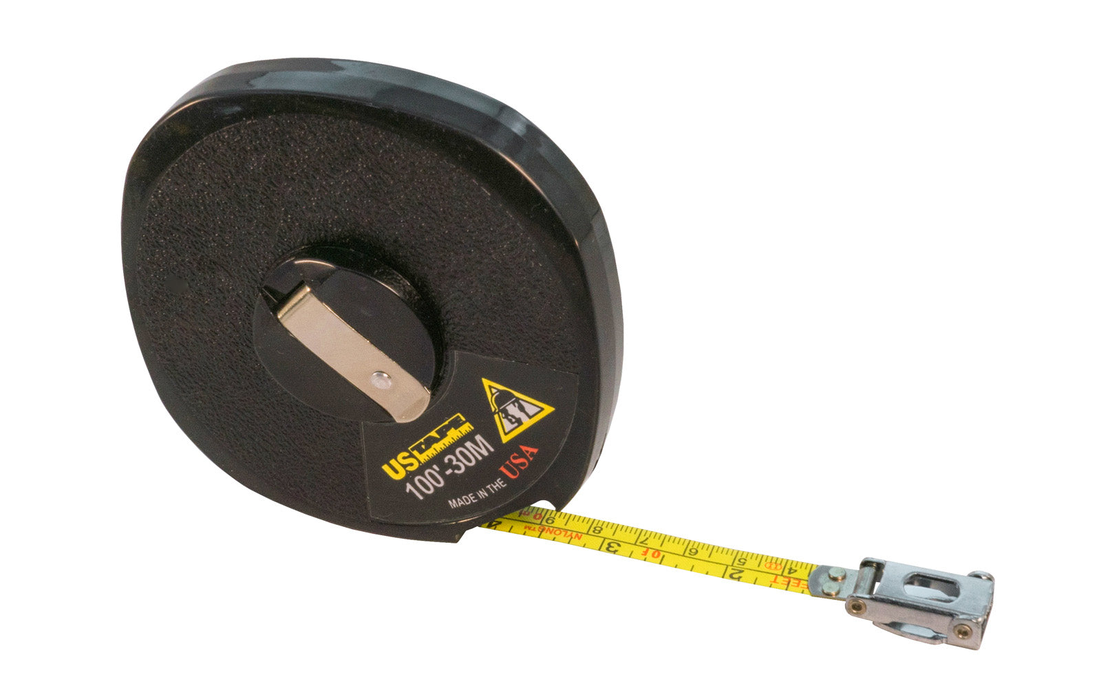 3/8" x 100'/30m U.S. Tape Contractor Series Tape Measure. US Tape Model 58655. Made in USA. 727659586555. Contractor Series Long Measuring Tapes feature a closed reel design with a hand rewind crank that folds into the hub. The case is made of tough ABS plastic.  Made in USA.