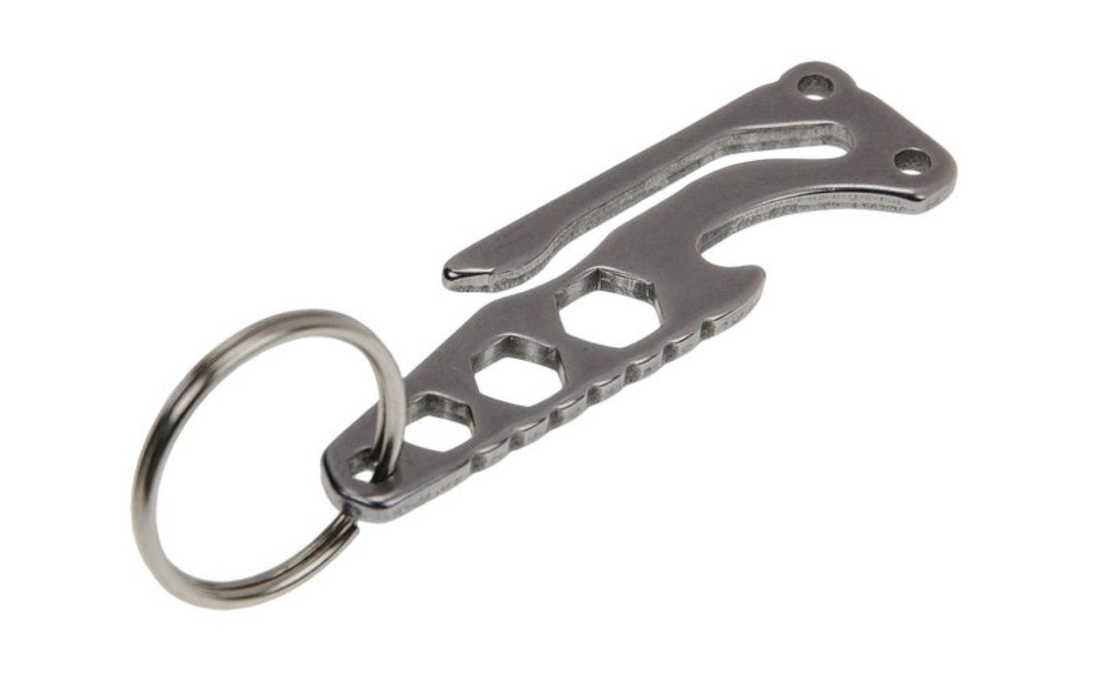4-in-1 Stainless Pocket Clip Multi-Tool. Suspension style keychain easily attaches to belt or pocket. Stainless steel construction. Four functions including three hex wrenches and bottle opener.  Made by Lucky Line.