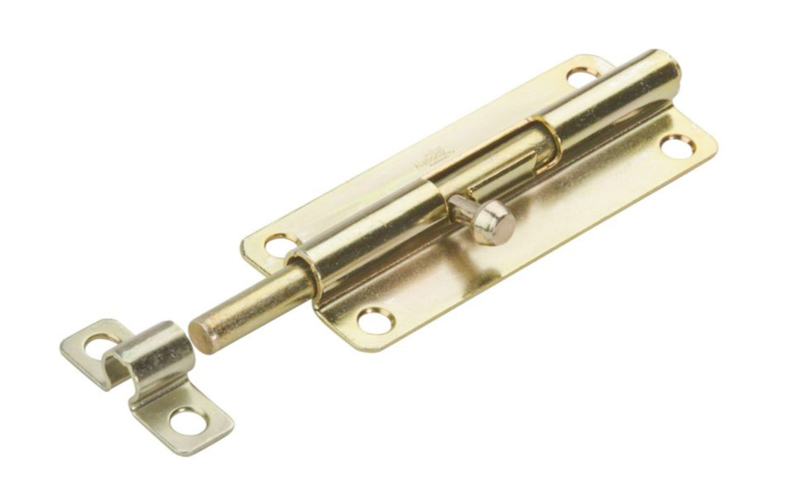 This 5" Brass-Plated Finish Barrel Bolt is designed for security applications on lightweight doors, chests, & cabinets. Use on vertical, horizontal, left or right hand applications. Includes six satin brass phillips screws. 5" width x 1-1/2" height. National Hardware Model No. N151-761. 038613151765