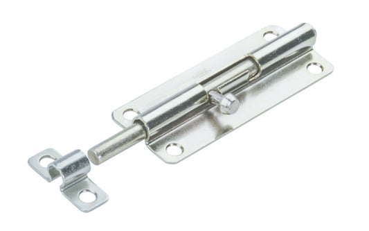 This 5" Zinc-Plated Finish Barrel Bolt is designed for security applications on lightweight doors, chests, & cabinets. Use on vertical, horizontal, left or right hand applications. Includes six zinc plated steel phillips screws. 5" width x 1-1/2" height. National Hardware Model No. N151-738. 038613151734