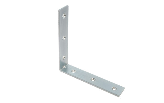 These 5" Zinc-Plated Corner Braces are designed for furniture, cabinets, shelving support, etc. Allows for quick & easy repair of items in the workshop, home, & other applications. Steel material with a zinc plated finish. Countersunk holes. Sold as singles, or bulk box of (10) corner irons. 5" size.  