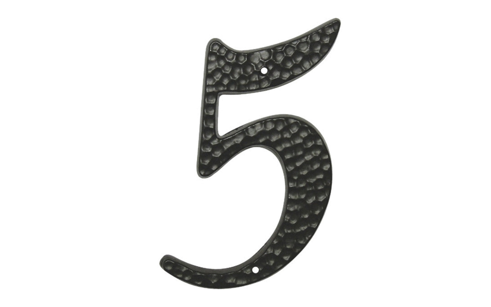 Number Five Black Hammered House Number in a 3-1/2" Size. Made of die-cast aluminum material with a black hammered style. Mounting nails included. #5 House Number. Hy-Ko Model No. DC-3/5. 029069201050.