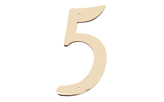 Number Five Solid Brass House Number in a 4" size. Made of solid brass material - 1/16" thickness. Lacquered brass finish. Mounting nails included. #5 House Number. Hy-Ko Model No. BR-40/5. 029069200954