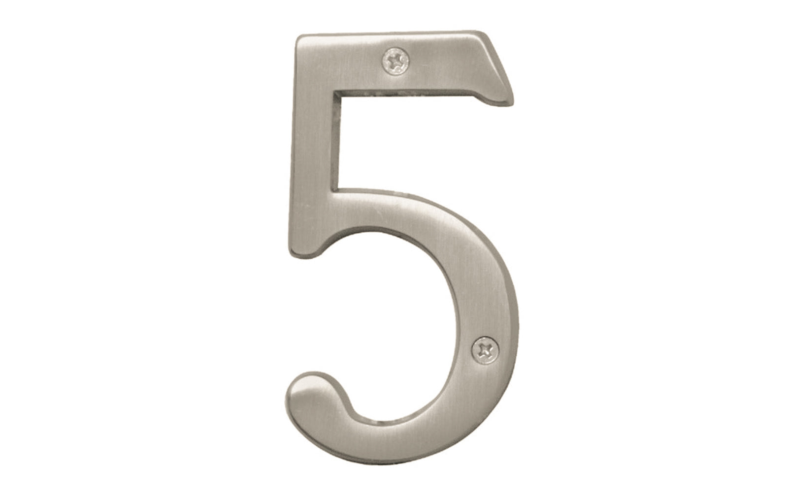 Number Five House Number in a 4" size. Satin nickel finish. Includes two phillips flat head screws. #5 house number. Hy-Ko Model BR-43SN/5.  Hardware house numbers for outdoors. Includes screws. 029069309350. #5 Satin Nickel House Number - 4" Size