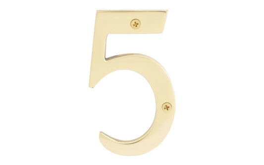 Number Five Solid Brass House Number in a 4" Size. Made of solid brass material - 1/4" thickness. Lacquered brass finish. Includes two flat head phillips screws. #5 House Number. Hy-Ko Model No. BR-90/5. 029069104955
