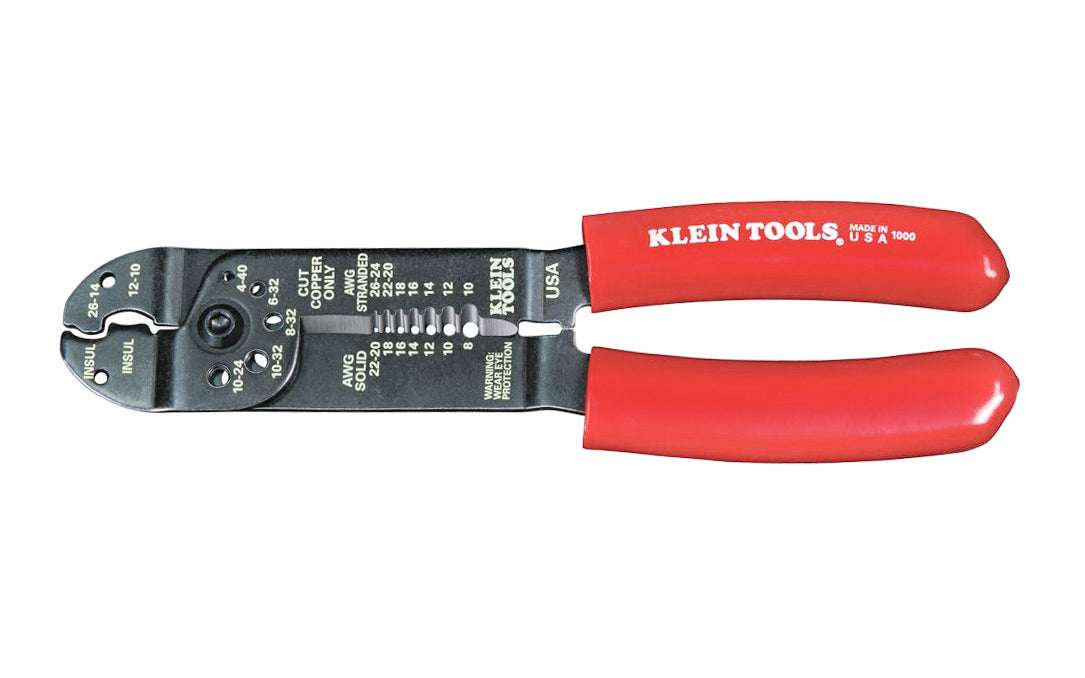 Klein Tools Multi-Purpose 6-in-1 Tool Stripper, Crimper, Wire Cutter ~ 1000 performs 6 different functions. It gauges, cuts & strips wire, measures & shears machine screws & crimps insulated terminals & connectors. Threaded holes to easily measure the size of machine screws & cut it if needed. Made in USA. 092644744006
