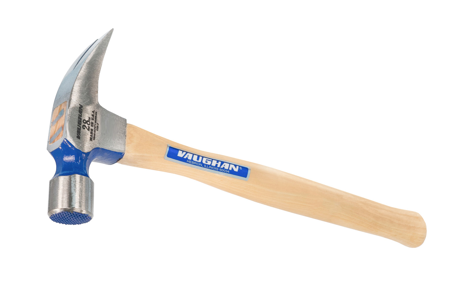 This 28 oz Vaughan 606M framing hammer is an extra-heavy framer designed to provide excellent overall balance. Mill waffle face. Rust-resistant powder coat finish. Octagonal Neck. Hickory hardwood handle. 28 oz head weight. Made in USA. 051218106206. Model 606M. Serrated Face Rip Hammer.