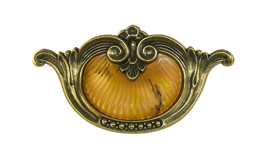 Waterfall-Style Drawer Pull With Bakelite ~ 3-1/2" on Centers. A special & unique drawer pull designed in the "Waterfall-style" / "Art Moderne" style of hardware popular in the 1930's. The handle pull is made of durable zinc material with an antique brass finish, & a bakelite insert inside. 3-1/2" on centers.