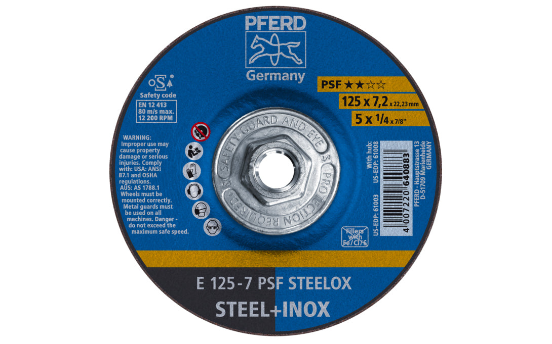 High quality 5" Grinding Wheel made by Pferd in Germany. Model 61008. Designed for steel & stainless steels, but also suitable for cast iron grinding. General purpose grinding with high stock removal rate. Fast cutting action. 5" diameter. 5/8-11 thread. 1/4" thickness of blade. 4007220640883. Made in Germany.