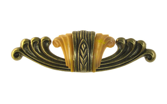 Waterfall-Style Drawer Pull With Bakelite ~ 4-1/4" on Centers. A special & unique drawer pull designed in the "Waterfall-style" / "Art Moderne" style of hardware popular in the 1930's. The handle pull is made of durable zinc material with an antique brass finish, & a bakelite insert inside. 4-1/4" on centers.