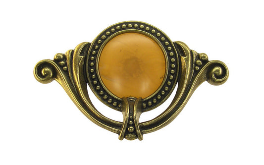 Waterfall-Style Drawer Pull With Bakelite ~ 4" on Centers. A special & unique drawer pull designed in the "Waterfall-style" / "Art Moderne" style of hardware popular in the 1930's. The handle pull is made of durable zinc material with an antique brass finish, & a bakelite insert inside. 4" on centers.
