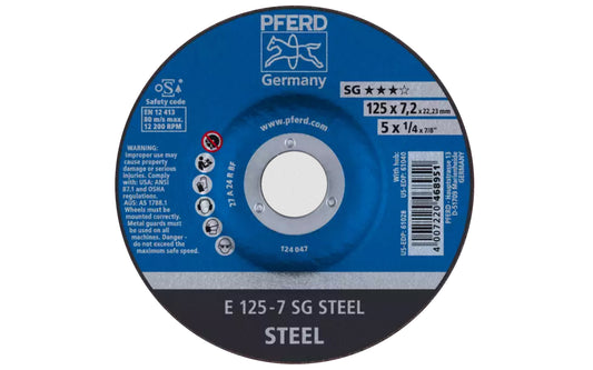 High quality 5" Grinding Wheel made by Pferd in Germany. This grinding wheel is designed for steels, edge grinding, surface grinding, weld finishing, etc. Long service life. 5" diameter of wheel. 7/8" arbor. 1/4" thickness of blade. 4007220468951. Made in Germany.