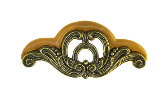 Waterfall-Style Drawer Pull With Bakelite ~ 4-1/2" on Centers. A special & unique drawer pull designed in the "Waterfall-style" / "Art Moderne" style of hardware popular in the 1930's. The handle pull is made of durable zinc material with an antique brass finish, & a bakelite insert inside. 4-1/2" on centers.