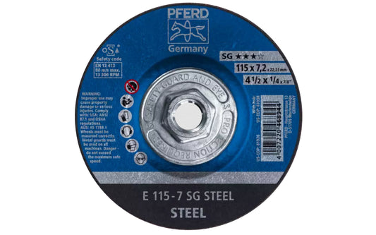 High quality 4-1/2" Grinding Wheel made by Pferd in Germany. This grinding wheel is designed for steels, edge grinding, surface grinding, weld finishing, etc. Long service life. 4-1/2" diameter of wheel. 5/8-11 thread. 1/4" thickness of blade. 4007220692158. Made in Germany.